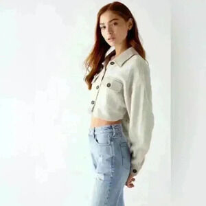 Pac Sun Chic Cropped Fleece Button-Up Jacket size small mint green